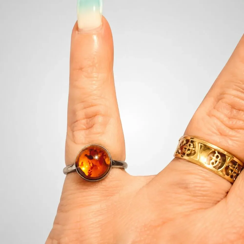 Vintage Boho‎ Sterling Silver Amber Ring Orange 925 Size 6.5